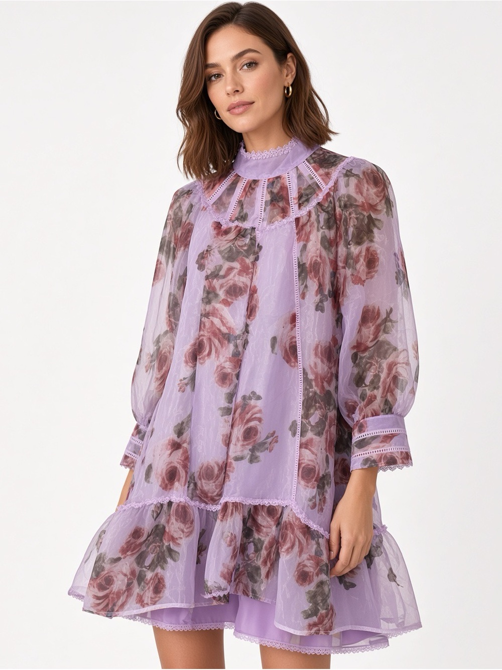 Forever Unique Lilac Floral High-Neck Ruffle Mini Dress US 2 NWT